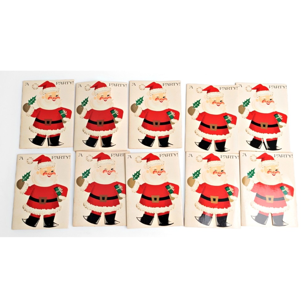Vintage 1950s Santa Claus Christmas Party Invitations Cards Set Of Ten 3" x 4"